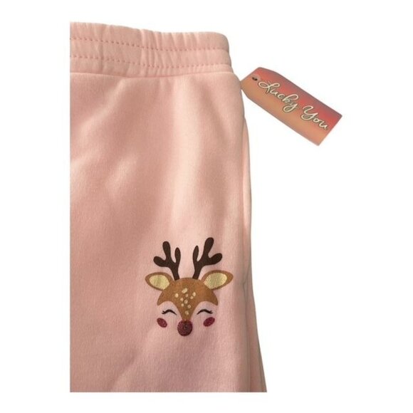 Lucky You Reindeer Sleigh All Day Pink Holiday Sweatpants – Girls Size XL (14), - Picture 2 of 3